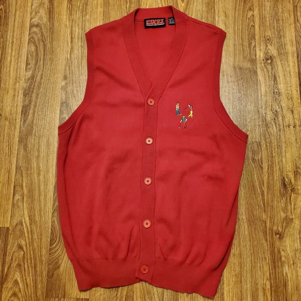 Vintage 90s Pivot Rules Golf Sweater‎ Vest Men XL Red Cardigan Fine Cotton